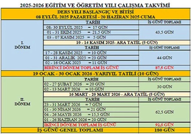 MEB TATİL TAKVİMİ 2025-2026