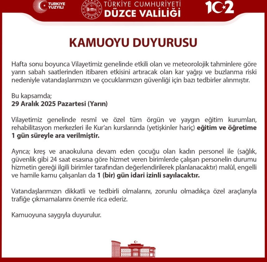 DÜZCEDE YARIN OKULLAR TATİL Mİ