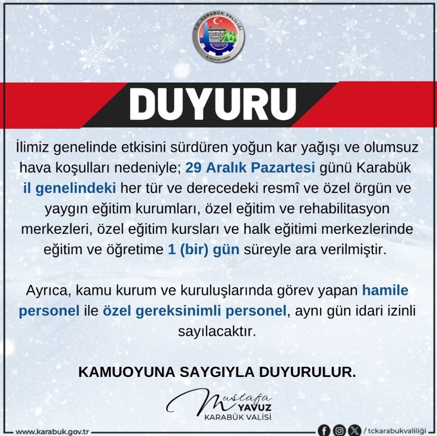 KARABÜKTE YARIN OKULLAR TATİL Mİ