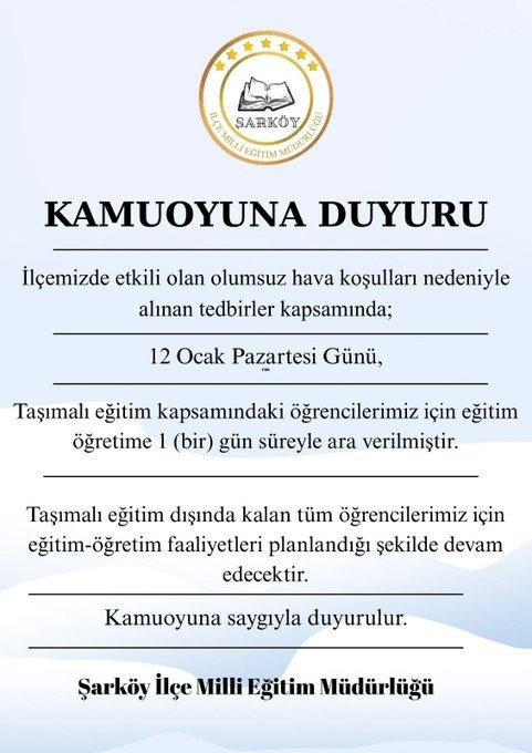 TEKİRDAĞ ŞARKÖYDE OKULLAR 1 GÜN TATİL