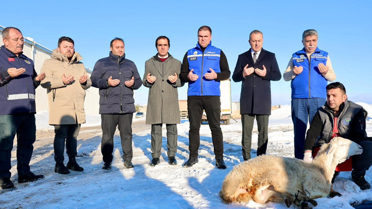 Yağan kar yağışından sonra belediye başkanı şükür koyunu kestirdi