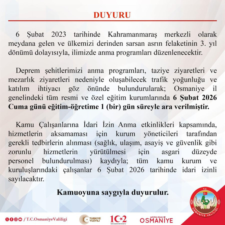 OSMANİYE VALİLİĞİNDEN AÇIKLAMA
