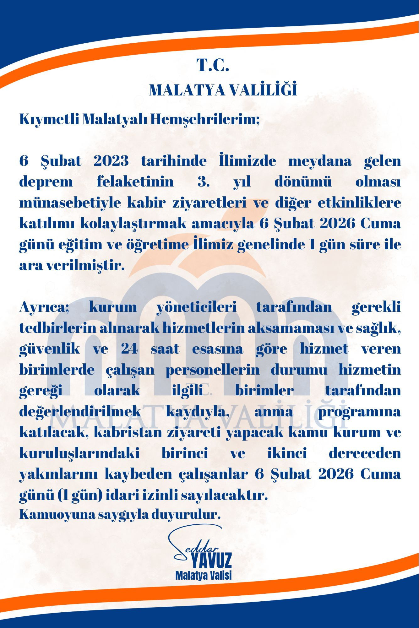 MALATYA VALİLİĞİNDEN AÇIKLAMA