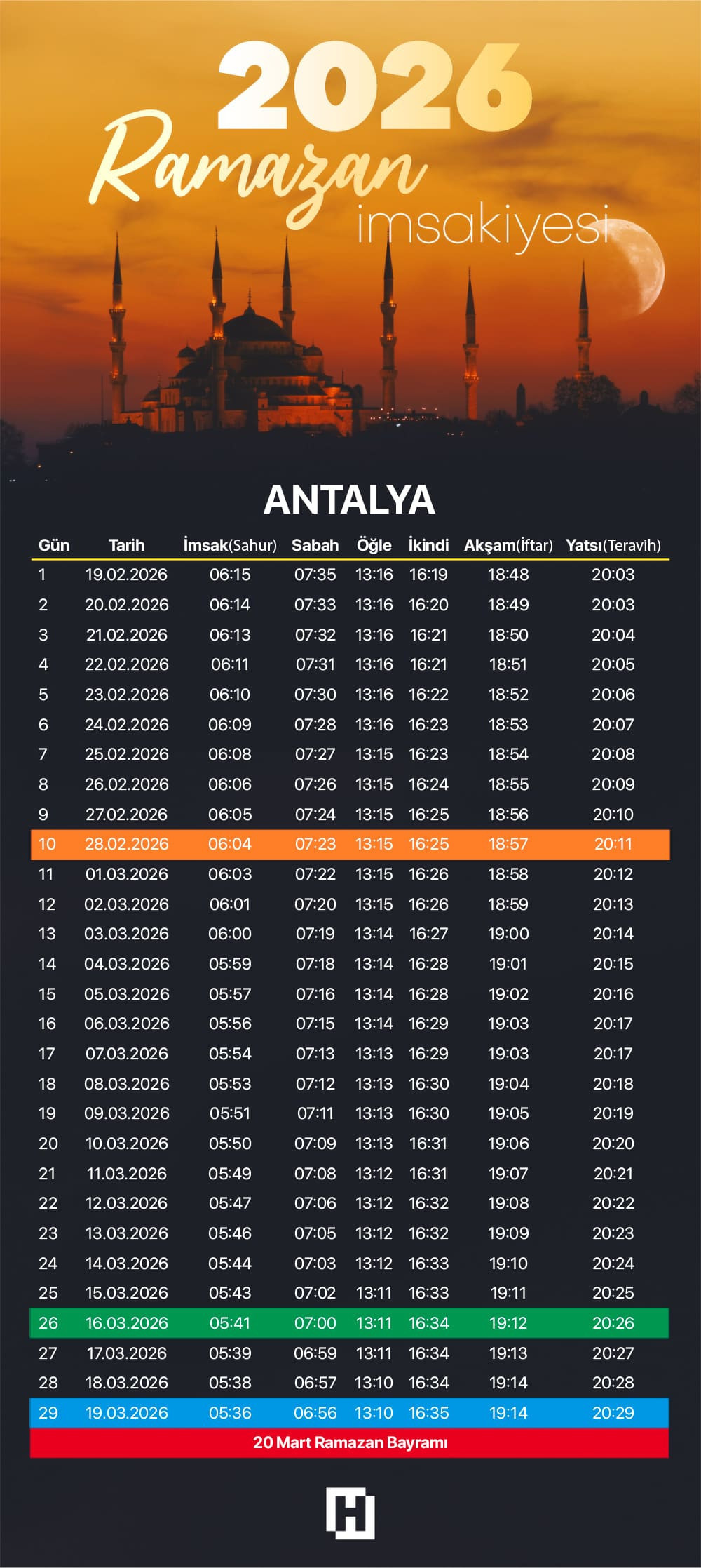 ANTALYA İMSAKİYE 2026