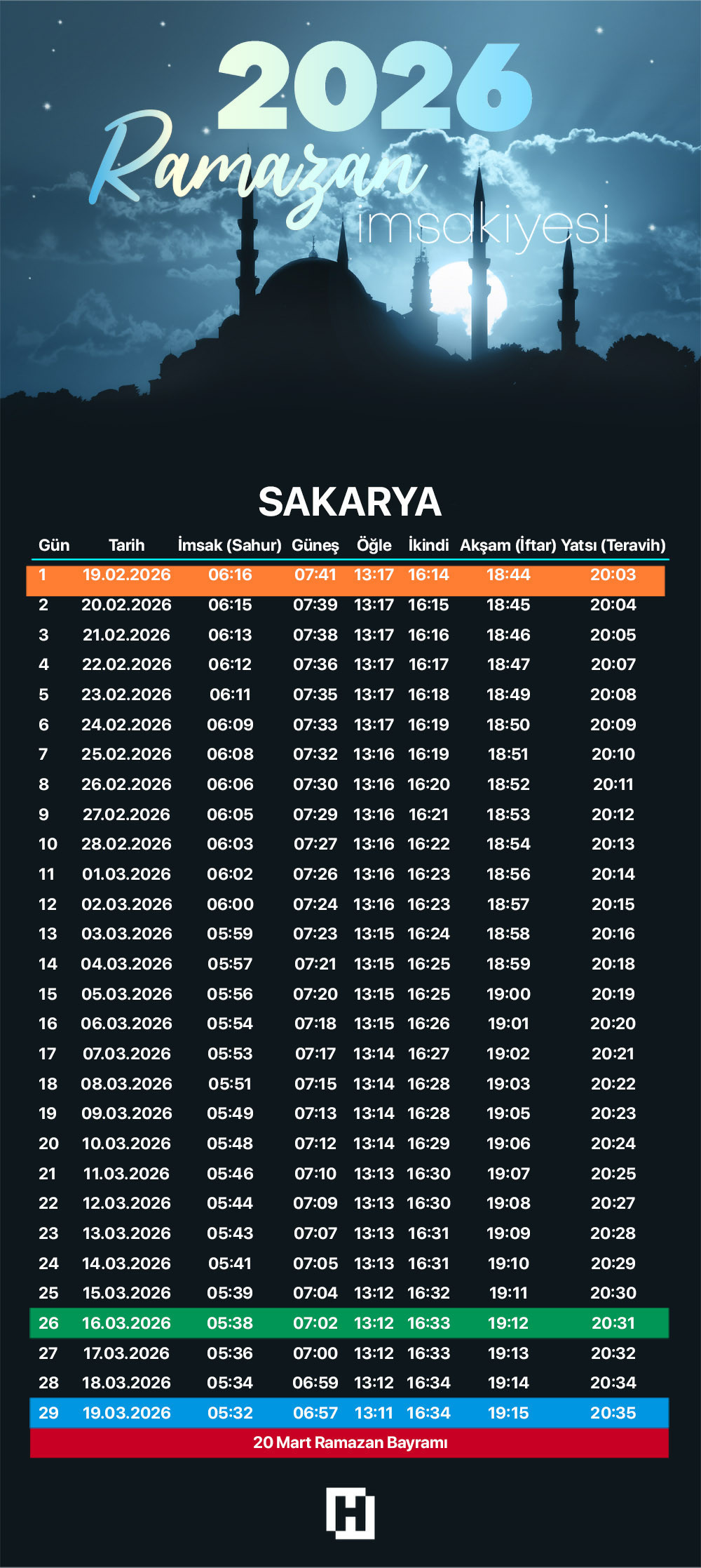 SAKARYA 2026 RAMAZAN İMSAKİYESİ