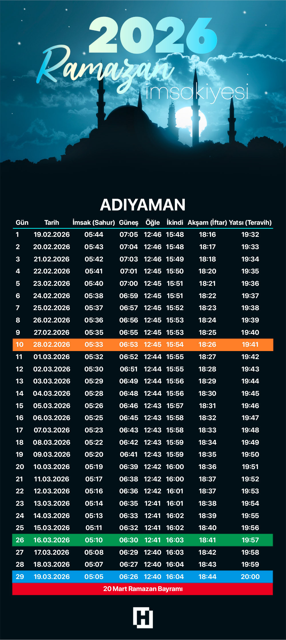 ADIYAMAN İMSAKİYE 2026