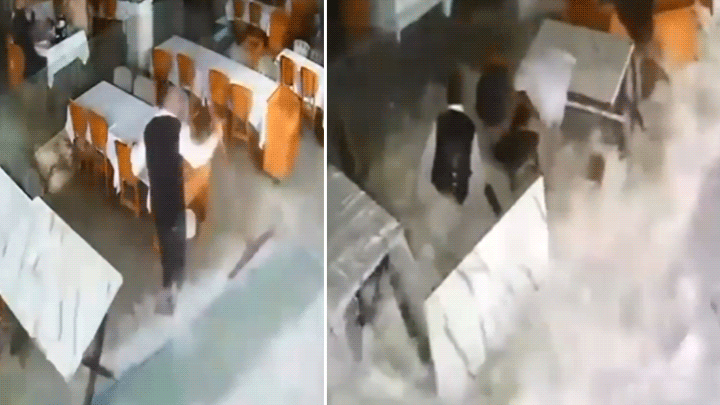 Antalya'da restorana vuran dev dalga çalışanı sürükledi