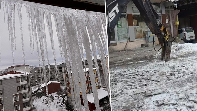 Kentte 20 santimetre kalınlığında buz tabakaları oluştu: İş makinesi devreye girdi