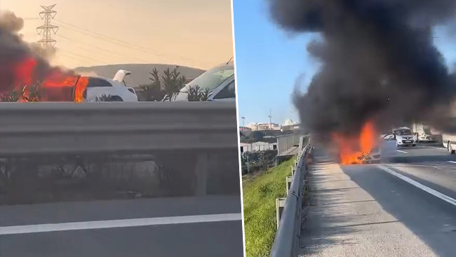Kuzey Marmara Otoyolu’nda seyir halindeki otomobil alev alev yandı