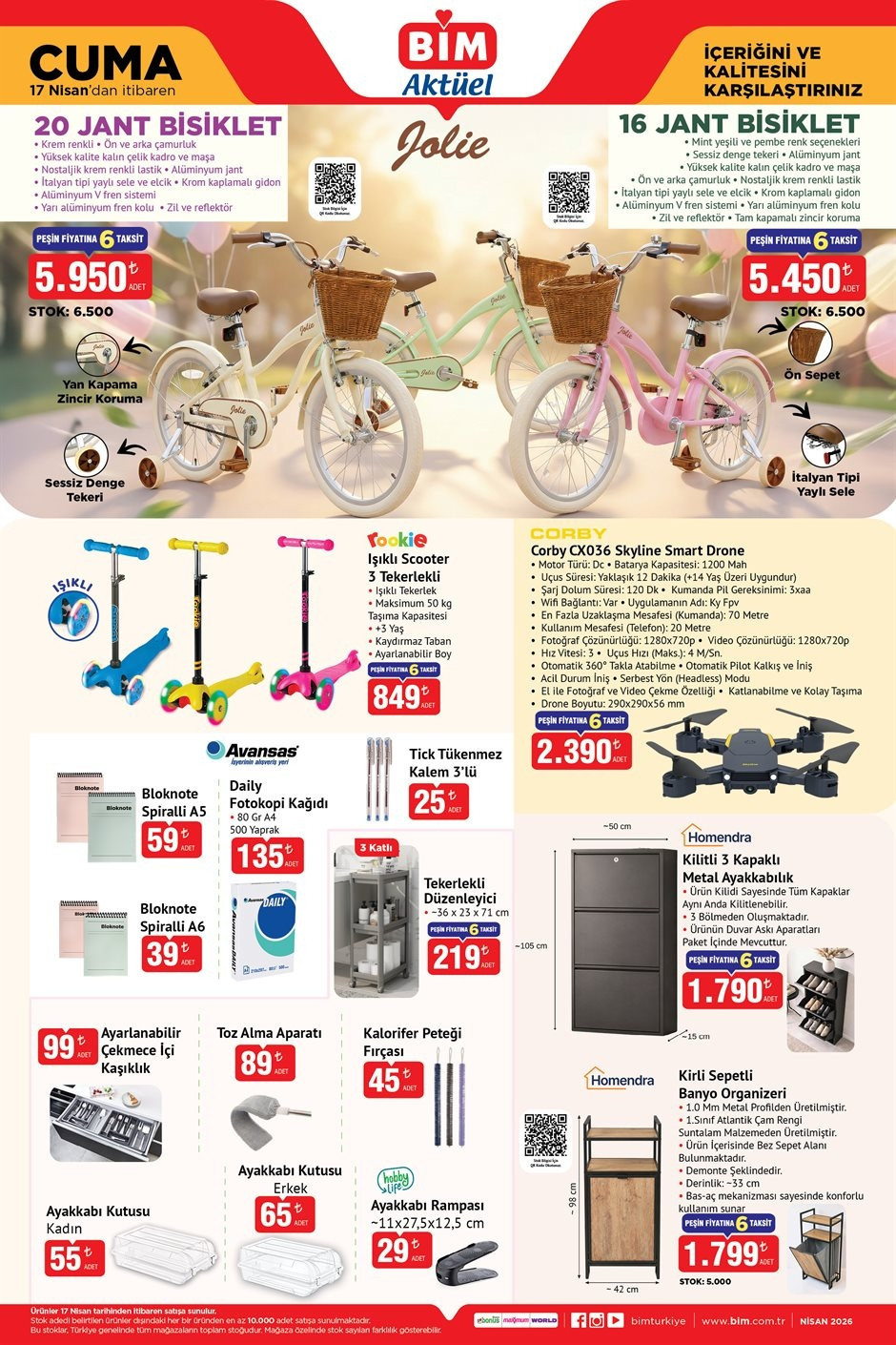 YEPYENİ BİM AKTÜEL 17 NİSAN 2026 KATALOĞU İNDİRİMLİ BROŞÜRÜ TAM LİSTE || Bimde bu hafta neler var Bim aktüel afişi Sepetli Bisiklet, Tuşlu Telefon, Işıklı Scooter Getiriyor