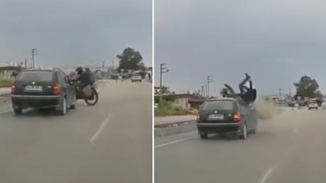 Hatay'da otomobilin motosiklete çarptığı kaza kamerada
