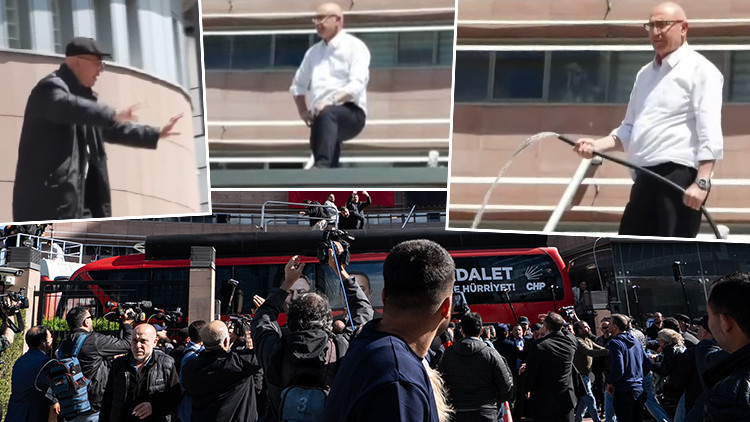 CHP Genel Merkezi'nde dikkat çeken anlar: Özel destekçileri parti otobüslerini bina önüne çekti, Mahmut Tanal hortumla bekliyor