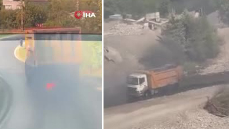 Balataları yanan kamyonu dereye sürerek kurtardı