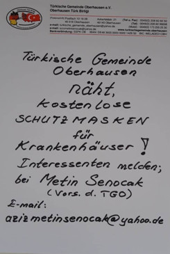 Oberhausen Türk Birliği’nden hastahanelere 2 bin maske