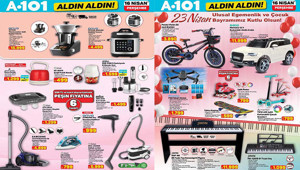 A101 KATALOG BU HAFTA 16 NİSAN 2026 - TAM LİSTE || A101 Aldın Aldın aktüel indirim afişi yeni neler var A101 broşürü ile elektrikli araç, akıllı mutfak robotu, akülü araba, drone, paten, tahta kaykay getiriyor...