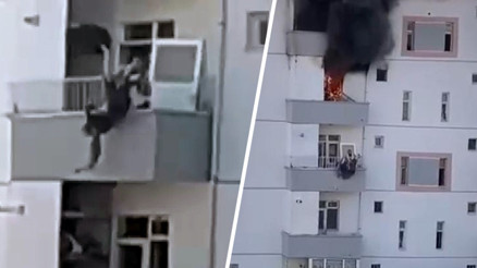 Niğdede yangın paniği Balkondan atlayan kadını komşusu böyle yakaladı