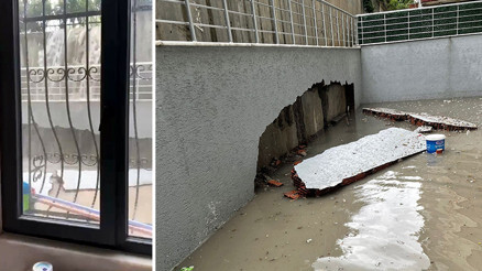 Avcılar Kaymakamlığı bahçesinden taşan su duvarı yıkarak evi bastı Avcılar Kaymakamlığı bahçesinden taşan su duvarı yıkarak evi bastı