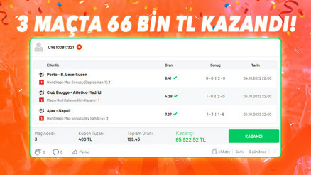 Misli.comda Canlı iddaa kuponu yaptı, Şampiyonlar Ligi maçlarıyla 65 bin 922 TL kazandı Misli.comda Canlı iddaa kuponu yaptı, Şampiyonlar Ligi maçlarıyla 65 bin 922 TL kazandı