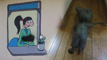 Kadıköyde Avni heykeli devrildi, Sıdıka resmi boyandı