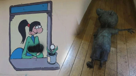 Sıdıka resmi boyandı,  Avni heykeli devrildi