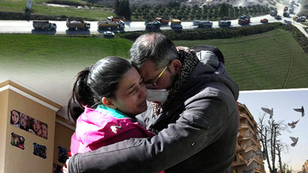 Enkaz taşıyan hafriyat kamyonlarının oluşturduğu kuyruk havadan görüntülendi