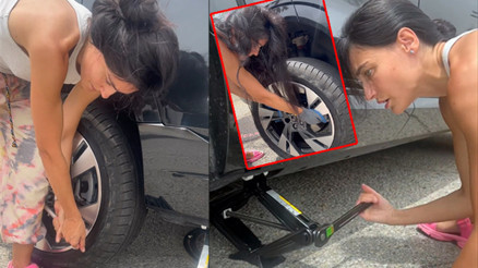 Bijon anahtarını aldı lastik değiştirdi Komşusunun yardımına ünlü oyuncu yetişti...