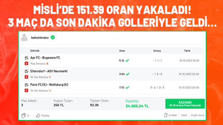 Son dakika golleriyle kazanan iddaa kuponu 151,39 oranla 34 bin 955 TL...