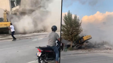 Hatayda kontrollü yıkım sırasında bina çöktü... Kepçe operatörü son anda kurtuldu