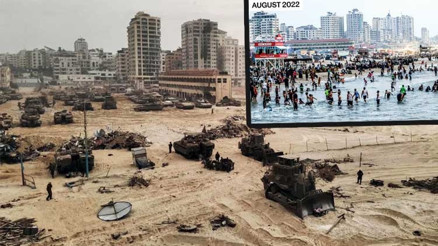 Gazze’de yıkımın fotoğrafı... Çocukların oynadığı kumsalda tanklar var