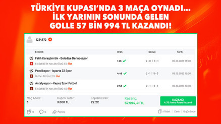 3 maçlık iddaa kuponu yaptı, 45 dakikada 57 bin 994 TL kazandı Ziraat Türkiye Kupası...