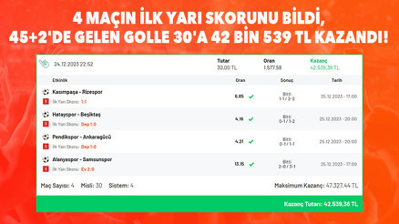Rizespor 45+2de gol attı, 4 maçlık iddaa kuponu ile 42 bin 539 TL kazandı