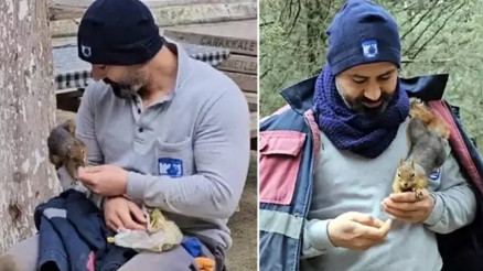 Çanakkalede mezarlık işçisinin sincaplarla bağı görenleri şaşırtıyor