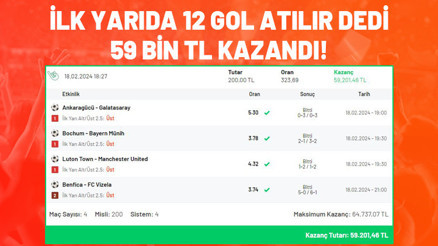 12 gole 59 bin TL kazandı Mislide İY 2.5 ÜST iddaa kuponu yaptı...