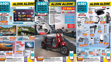A101 AKTÜEL 28 MART 2024 KATALOĞU A101de bu hafta neler var 55 ekran TV, Volta VS2 Elektrikli Moped, 26 Jant Bisiklet BİMde...