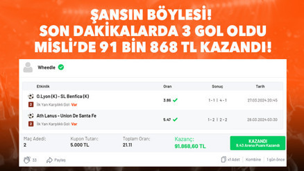 Son dakika golleriyle 91 bin 868 TL kazandı 2 maçlık iddaa kuponu...