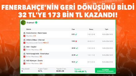 Fenerbahçe maçına 2den 1 bildi, 32 TLye 173 bin TL kazandı