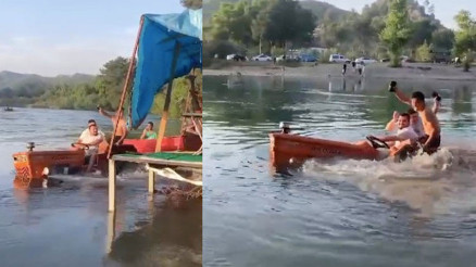 Sıcaktan bunalan gençler, çaya traktörle girdi İlk görenler tekne sandı