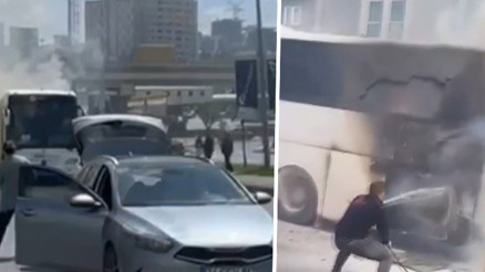 Başakşehirde korku dolu anlar: Arızalanan tur otobüsü yandı Dehşet bir görüntüydü