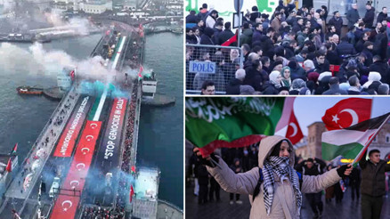 Galata Köprüsünde tarihi yürüyüş Filistine destek buluşması... Bilal Erdoğan: Uyumuyoruz, ayaktayız, buradayız