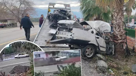 Hatay’da ağaca çarpan otomobilin ikiye bölünme anı kamerada