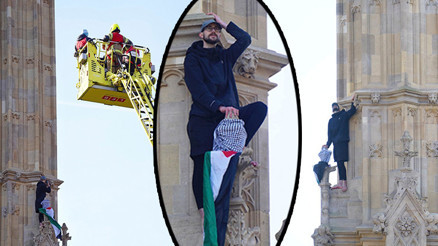 Londrayı felç eden Filistin protestosu Elizabeth Kulesine tırmandı, kimse indiremedi