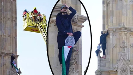 Londra’yı felç eden Filistin protestosu Elizabeth Kulesi’ne tırmandı, kimse indiremedi