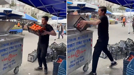 Çorumda domatesleri çöpe döken pazarcıya milyonluk para cezası