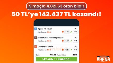 9 maçla 4.021,63 oran bildi 50 TL’ye 142.437 TL kazandı 9 maçla 4.021,63 oran bildi 50 TL’ye 142.437 TL kazandı