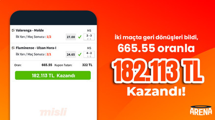 İki maçta geri dönüşleri bildi, 665.55 oranı tutturarak 182.113 TLnin sahibi oldu