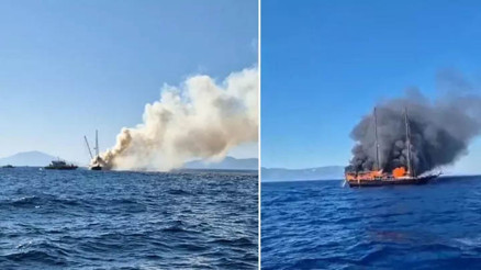 Bodrumda tekne yanarak battı: Turistler ve mürettebat tahliye edildi
