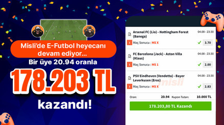 Misli’de E-Futbol heyecanı devam ediyor… Bir üye 20.94 oranla 178.203 TL kazandı