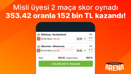 Misli üyesi 2 maça skor oynadı, 353.42 oranla 152 bin TL kazandı