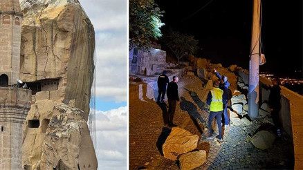 Nevşehirin simge noktalarından Kadıkalesi’nden kaya parçası düştü: 3 ev tahliye edildi
