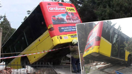 Üsküdarda İETT otobüsünün freni patladı: Otobüs asılı halde kaldı